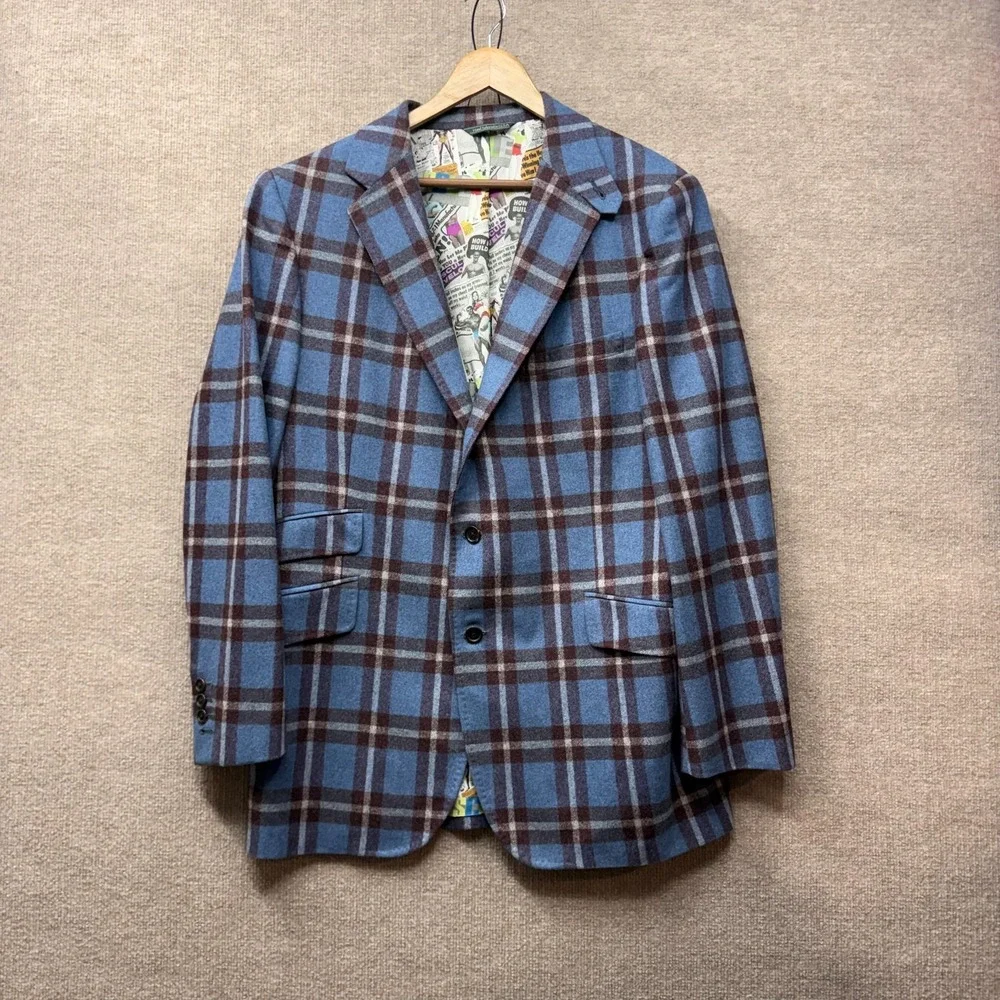 Arnold Schwarzenegger Martin Greenfield Blazer Men 40R Blue Plaid Custom Bespoke